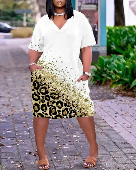 Plus Size Casual Dress with Leopard Print & Pockets
