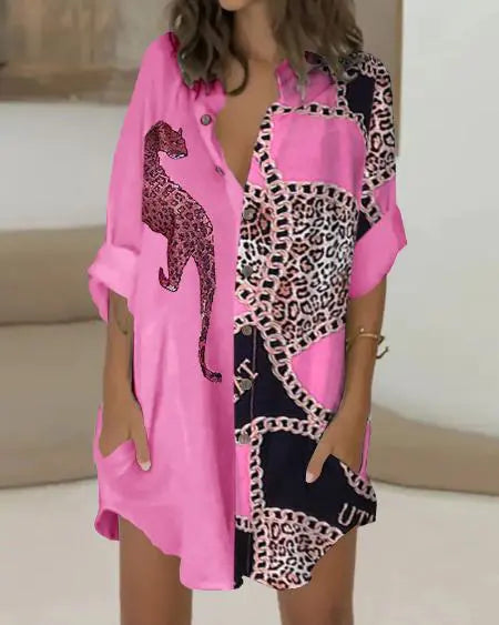 Vestido camisero abotonado con estampado de cadenas de leopardo 