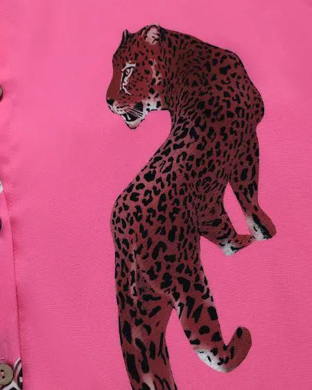 Vestido camisero abotonado con estampado de cadenas de leopardo 