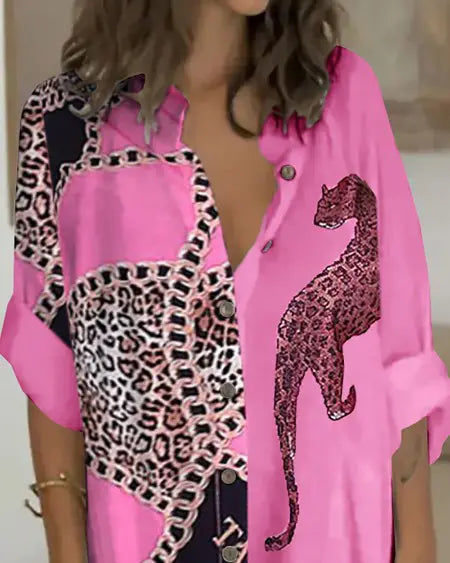 Vestido camisero abotonado con estampado de cadenas de leopardo 