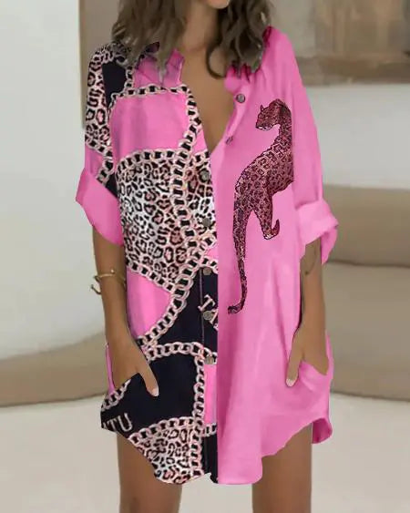 Vestido camisero abotonado con estampado de cadenas de leopardo 