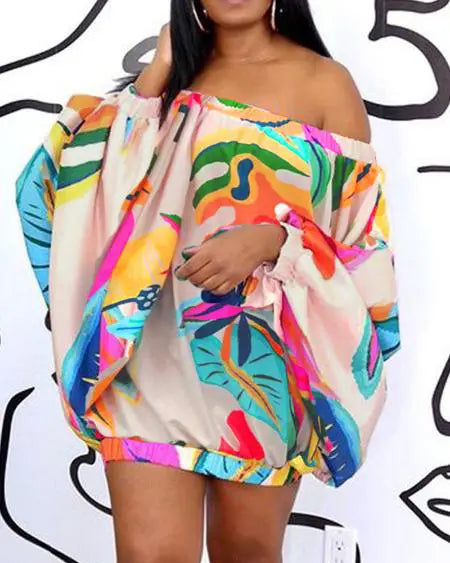 Off-shoulder jurk met tropische print en lantaarnmouwen 