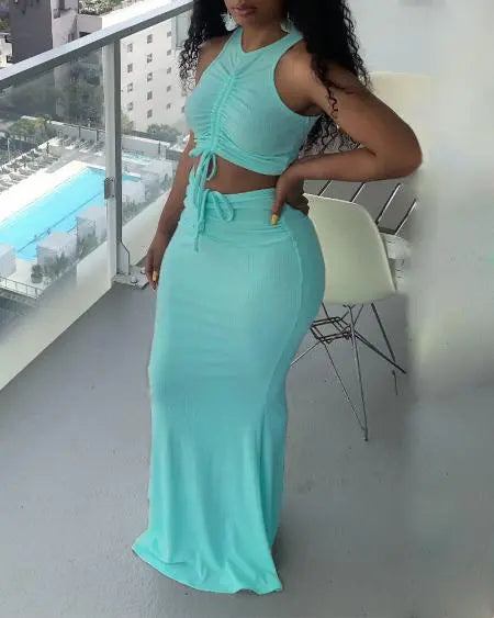 Ribbed Top & Skirt Set with Drawstring Detail