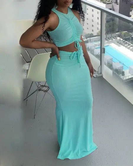 Ribbed Top & Skirt Set with Drawstring Detail