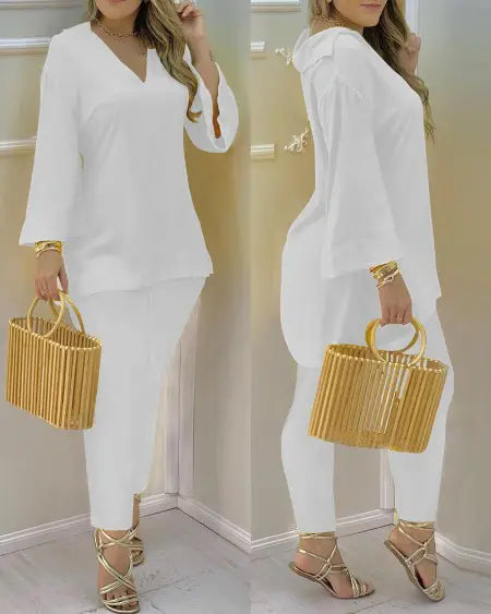 V-Neck Top & Pants Set with Bell Sleeves