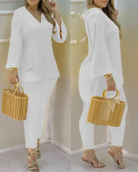 V-Neck Top & Pants Set with Bell Sleeves