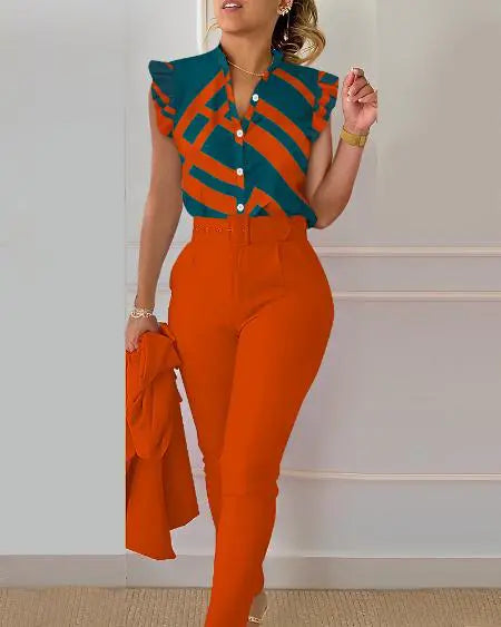 Flutter Sleeve Top & Pants Set with Geometric Print and Belt