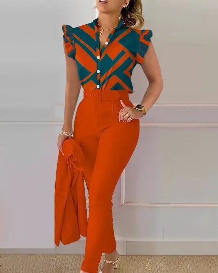 Flutter Sleeve Top & Pants Set with Geometric Print and Belt
