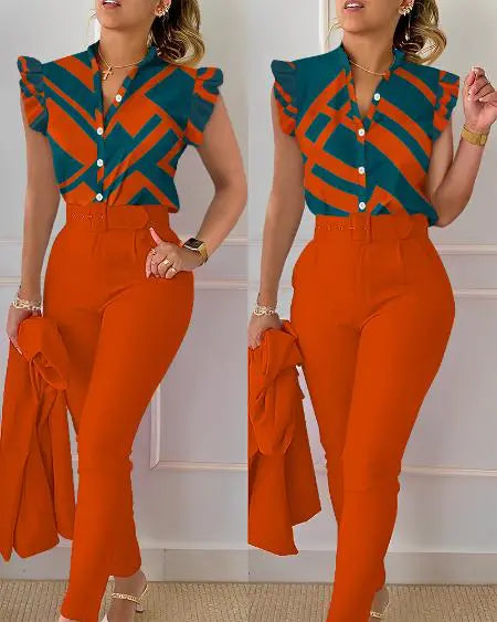 Flutter Sleeve Top & Pants Set with Geometric Print and Belt
