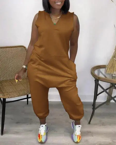 V-Neck Jumpsuit with Pockets & Sleeveless Cut
