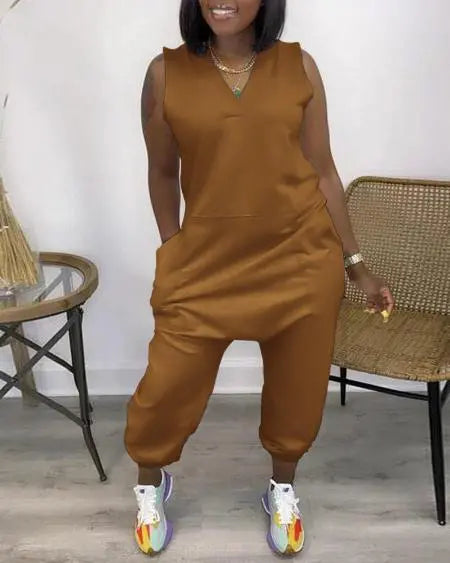V-Neck Jumpsuit with Pockets & Sleeveless Cut