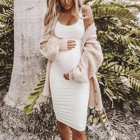 white knee length maternity dress Vianne | White Lace Round-Neck Maternity Midi Dress
