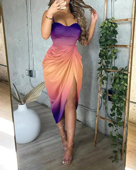 Satin Dress with Ombre Design Ruched Detail & High Split