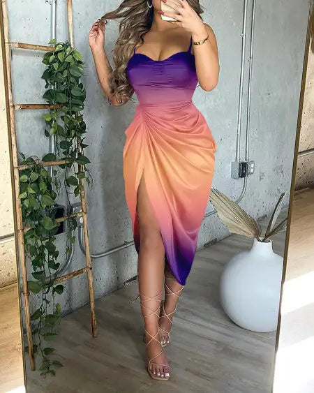 Satin Dress with Ombre Design Ruched Detail & High Split