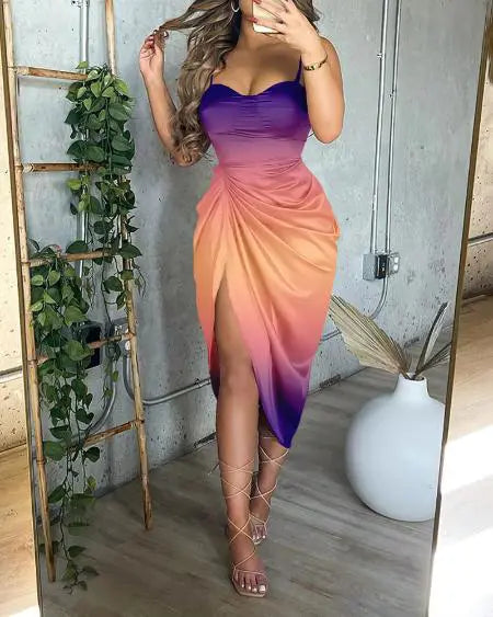 Satin Dress with Ombre Design Ruched Detail & High Split