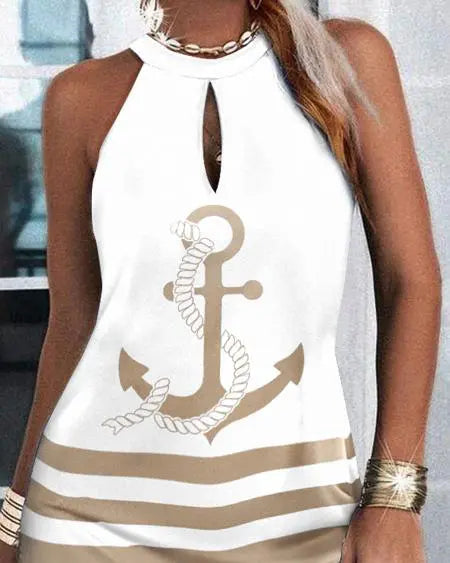 Sleeveless Dress with Anchor Print & Colorblock Design