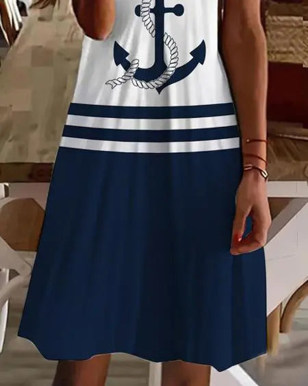Casual Dress with Anchor Print Striped Design & Scallop Trim