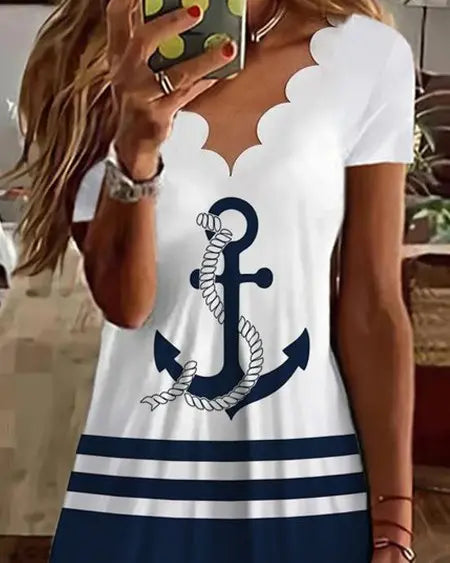 Casual Dress with Anchor Print Striped Design & Scallop Trim