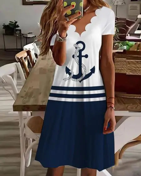 Casual jurk met ankerprint, gestreept ontwerp en geschulpte rand 