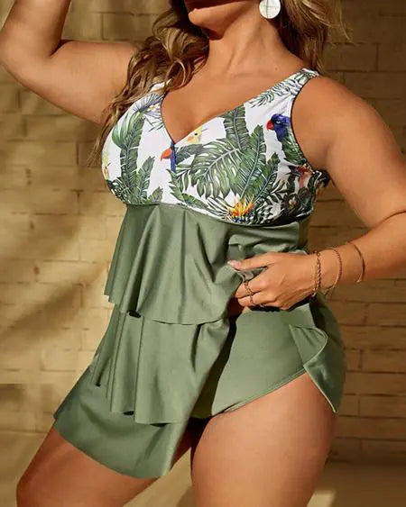 Tankini Set with Tropical Print and Layered Ruffle Hem