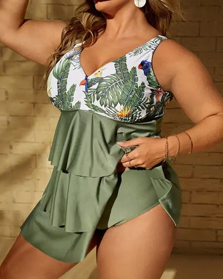 Tankini Set with Tropical Print and Layered Ruffle Hem