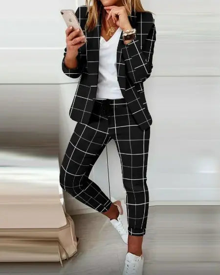 Plaid Blazer & Pants with Drawstring