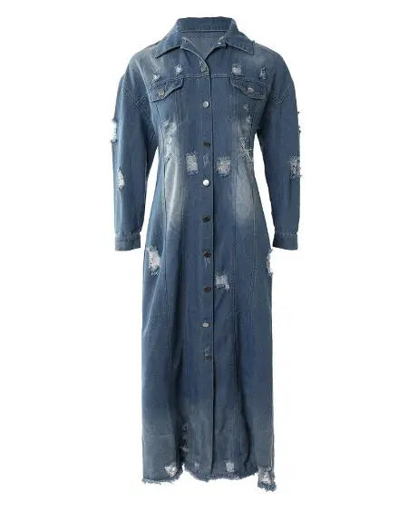 Longline Denim Coat with Ripped Hem & Buttons