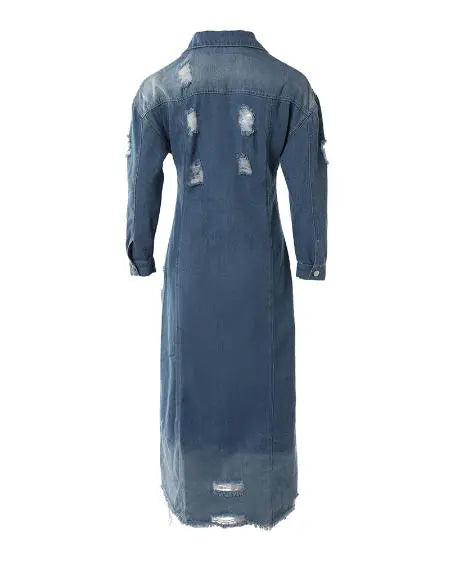 Longline Denim Coat with Ripped Hem & Buttons