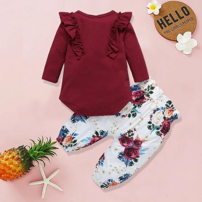 Baby Girl Ruffle Trim Romper With Floral Paperbag Pants