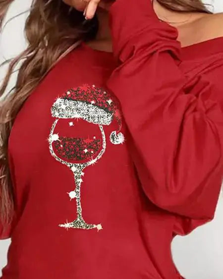Sweatshirt Dress: Ruched Drawstring with Christmas Wine Glass Print