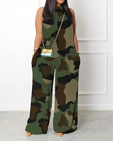 Sleeveless Wide Leg Jumpsuit with Camouflage Print