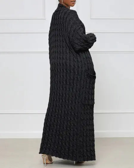 Lang kabelgebreid vest met open voorkant 