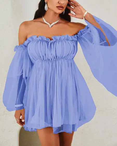 Doorzichtige mesh-swingjurk met off-shoulder en ruches 