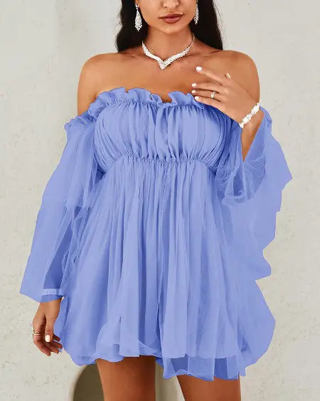 Doorzichtige mesh-swingjurk met off-shoulder en ruches 