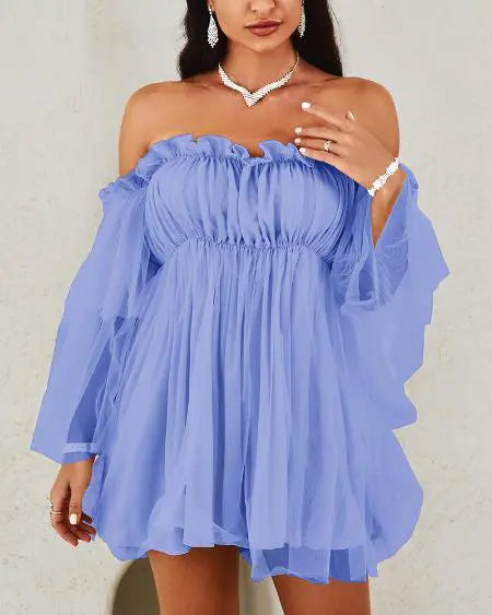 Doorzichtige mesh-swingjurk met off-shoulder en ruches 