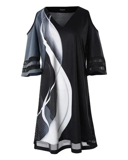 Abstract & Colorblock Mesh Cold Shoulder Dress