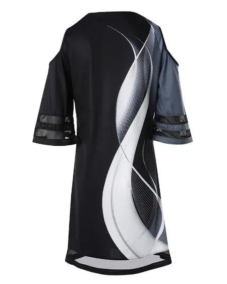 Abstract & Colorblock Mesh Cold Shoulder Dress