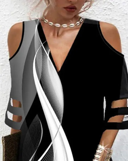 Abstract & Colorblock Mesh Cold Shoulder Dress