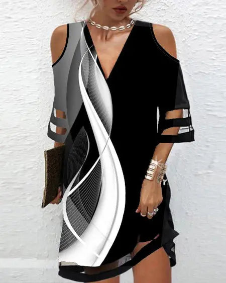 Abstract & Colorblock Mesh Cold Shoulder Dress