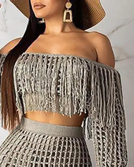 Crochet Beachwear: Mesh Top Skirt & Tassel Sets