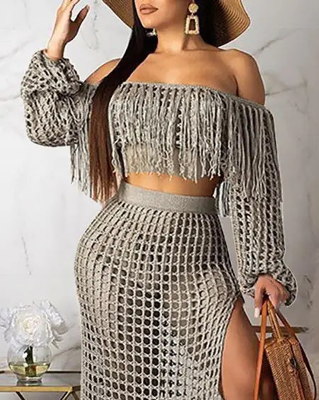 Crochet Beachwear: Mesh Top Skirt & Tassel Sets