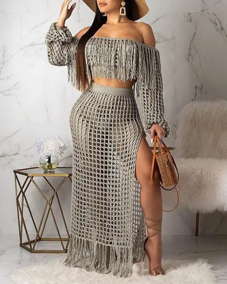 Crochet Beachwear: Mesh Top Skirt & Tassel Sets