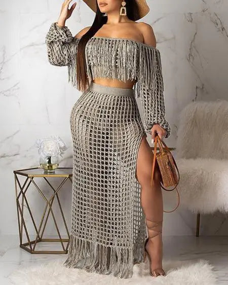 Crochet Beachwear: Mesh Top Skirt & Tassel Sets