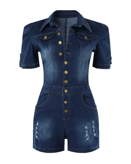 Ruched Denim Romper with Buttons and Rips
