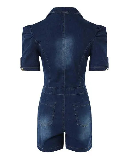 Ruched Denim Romper with Buttons and Rips