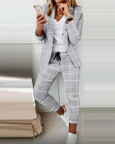Plaid Blazer & Pants with Drawstring