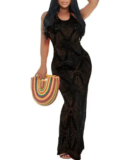 Beach Dress Cover Up: Halter with Hollow-Out Crochet Design