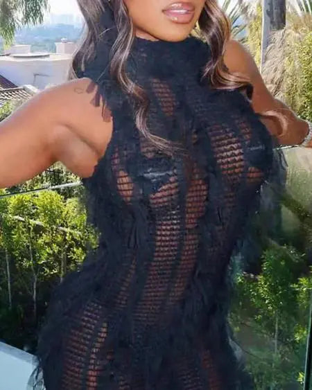 Beach Dress Cover Up: Sleeveless with Crochet & Tassel Design