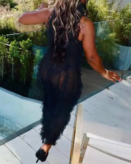 Beach Dress Cover Up: Sleeveless with Crochet & Tassel Design