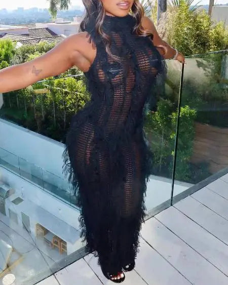 Beach Dress Cover Up: Sleeveless with Crochet & Tassel Design